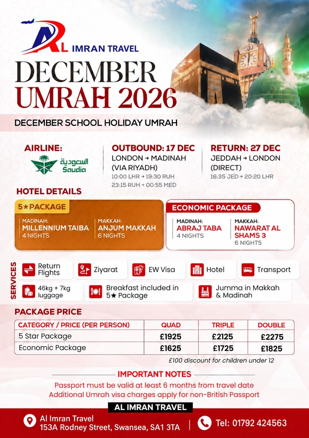 December Umrah 2026 packages from £1,625